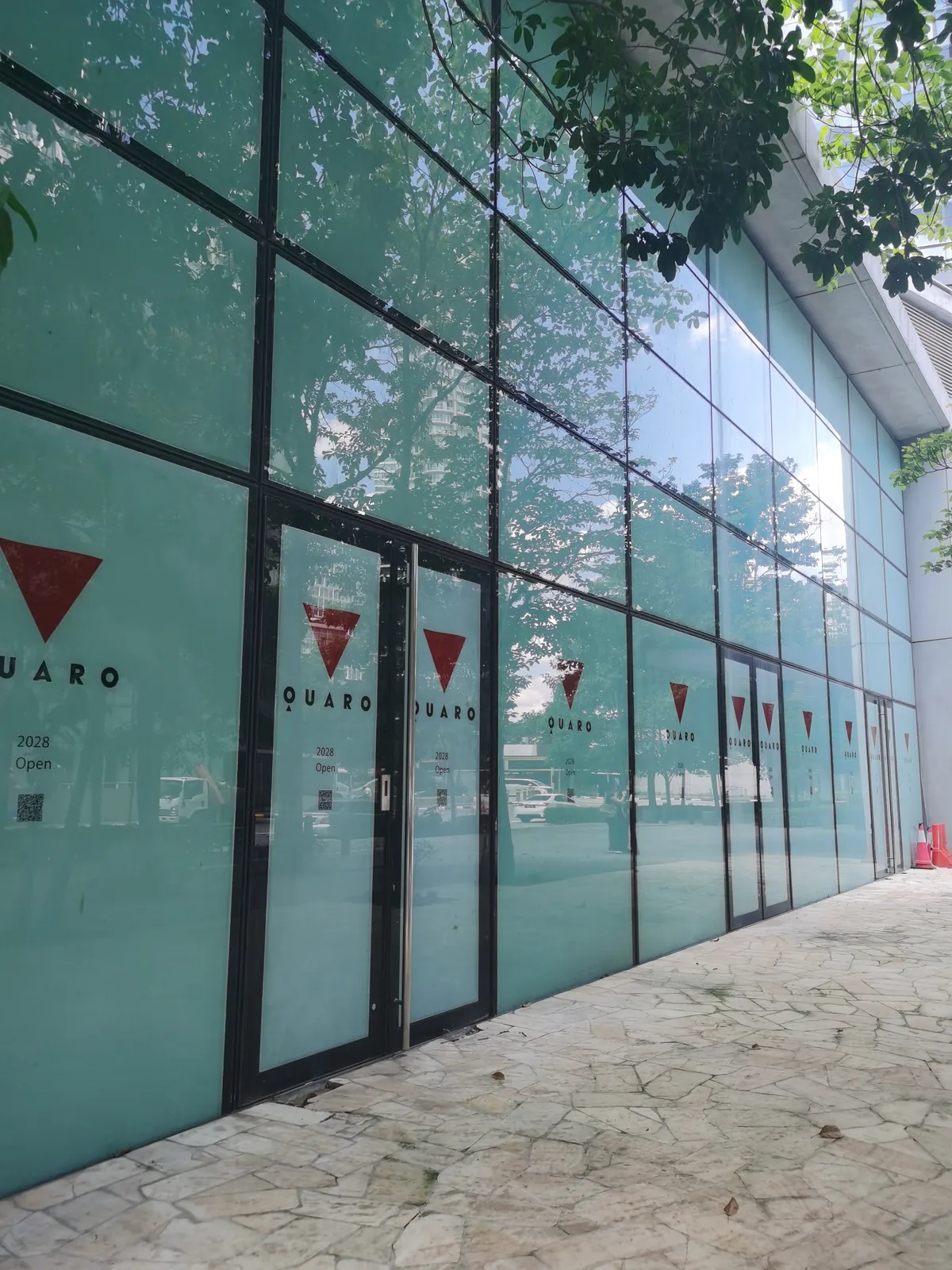 Close view of vinyl stickers on frosted storefront glass